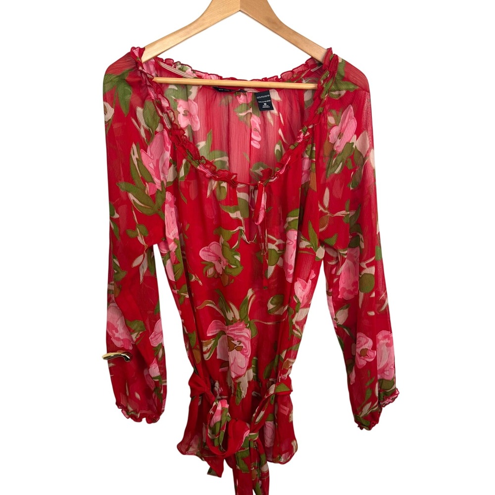 NY & Co Red Sheer Blouse Tie Waist M Pink Peasant Boho Romantic Y2K Career Sheer